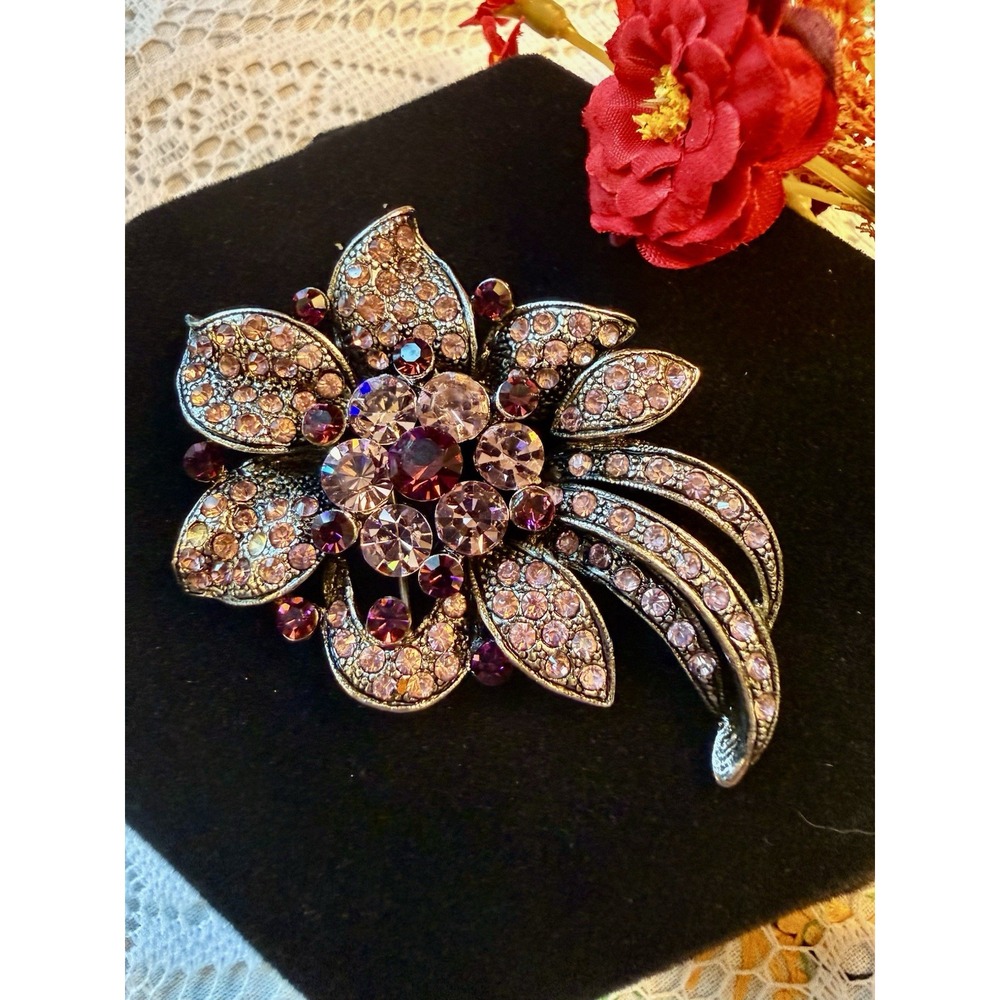 Vintage Purple Rhinestone Flower Brooch Pin Gunmetal Tone Statement Floral 2.5"